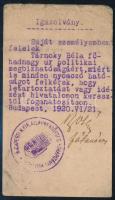 1920 Rendőrségi politikai megbízhatósági igazolvány főhadnagy részére