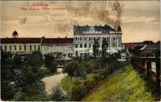 1918 Komárom, Komárno; Felső Duna sor, Kohn Jakab üzlete, Korona kávéház. L. H. Pannonia / Obere Donauzeile / street, shops, café + "K.u.K. Reitendes Artillerieregiment Nr. 2. Ersatzbatterie" (fl)