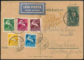 1933 Jamboree légi levelezőlap Orosházára barna légijárati bélyegzővel / Jamboree airmail card with brown jamboree airmail postmark