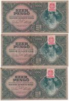 1945. 1000P piros "MNB" bélyeggel (3x) sorszámkövetők "F 622 002506 - F 622 002508" T:VF, folt Adamo P22e