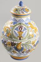 Marozsán József habán stílusú kerámia fedeles váza, jelzett, hibátlan, m: 33,5 cm