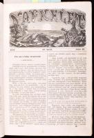1857 Napkelet folyóirat 26-52. számok, 1857. julius 5. - december 27. Fél évfolyam. Szerk.: Vahot Imre. Bp., 1857, Müller Emil-ny., 409-827+3 p. Érdekes írásokkal, korabeli hírekkel. Gazdag és érdekes fametszetű képanyaggal illusztrált, közte Tihany, Tata, Krasznahorka, Sárospatak, Tokaj...stb. Korabeli félvászon-kötés, kopott borítóval, kissé sérült gerinccel, kissé foltos lapokkal, néhány lapon kis szakadással, 409/410. oldal sérült, hiányos, 2 lap (667/668 p., 821/822 p.) sarkán hiánnyal, címeres névbélyegzéssel (Sárközy Gyula.)