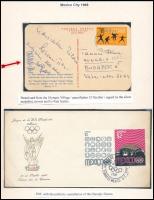 1968 Mexikói olimpia, Melis Zoltán, Melis Antal, Csermely György, Sarlós József, az ezüstérmes magyar evezős válogatott tagjai által aláírt képeslap + olimpiai FDC.           1968 Mexico Olympics, postcard signed by Zoltán Melis, Antal Melis, György Csermely, József Sarlós, members of the silver medal-winning Hungarian rowing team + Olympic FDC.