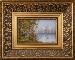 Losonci Lilla (1930-): Tiszapart. Olaj, farost, jelzett. Dekoratív fakeretben, 10×15 cm