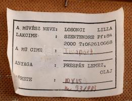 Losonci Lilla (1930-): Tiszapart. Olaj, farost, jelzett. Dekoratív fakeretben, 10×15 cm