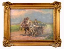 Kolozsváry Kamilló (1936-2008): Szénásszekér (lovak). Olaj, vászon, jelezve jobbra lent. Dekoratív, üvegezett, sérült, fakeretben, 18×24 cm