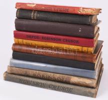Robinson Crusoe-regények, 10 kötet: Defoe, Daniel: Idősb Robinson Crusoe utazásai, éleményei és csodálatos kalandjai.; Robinson Crusoe kalandos élettörténete. Átdolg.: Vida Aladár.; A teljes nagy Robinson. Robinson Crusoe yorki tengerész élete és csodálatos kalandjai.; Campe H. János: Robinzon. Ford.: Dávid Margit.; Robinson Crusoe élete és kalandjai. Átdolg.: Radó Antal.; stb. (Különböző kiadások, cca 1874-1945.) Változó állapotban, közte sérült.
