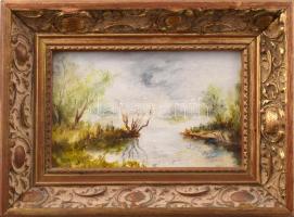 Olvashatatlan jelzéssel: Vízparti táj. Olaj, karton. Dekoratív fakeretben, 10,5×16,5 cm