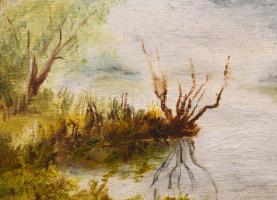 Olvashatatlan jelzéssel: Vízparti táj. Olaj, karton. Dekoratív fakeretben, 10,5×16,5 cm