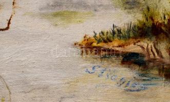 Olvashatatlan jelzéssel: Vízparti táj. Olaj, karton. Dekoratív fakeretben, 10,5×16,5 cm