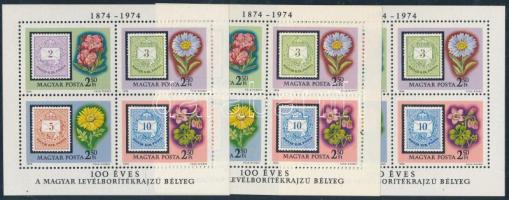 1974 100 éves a levélborítékrajzú bélyeg 3 db blokk az "O" betűben kis kampó lemezhibával
