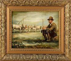 Urbán Gábor (1946-): Gulyás. Olaj, farost, jelzett, dekoratív fakeretben, 20x25 cm