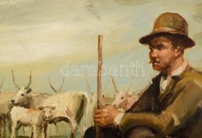 Urbán Gábor (1946-): Gulyás. Olaj, farost, jelzett, dekoratív fakeretben, 20x25 cm