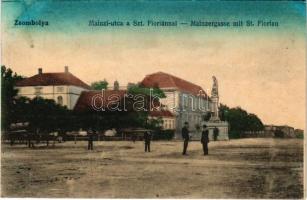 Zsombolya, Hatzfeld, Jimbolia; Mainzi utca, Szent Flórián szobor. Bundy Ferenc kiadása / Mainzergasse mit St. Florian / street view, statue (Rb)