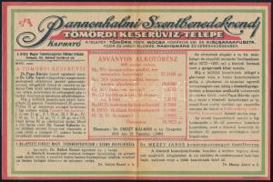 cca 1921 A Pannonhalmi Szentbenedekrend tömördi keserűvíz-telepe, reklámlap, hátoldalán nagycsütörtöki és nagypénteki teendők listájával, Bp., Posner-ny., 15x22,5 cm