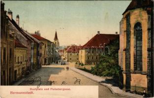 1907 Nagyszeben, Hermannstadt, Sibiu; Huetplatz und Fleischergasse / Huet tér, Mészáros utca, üzletek. G. A. Seraphin kiadása / square, street, shops (fl)