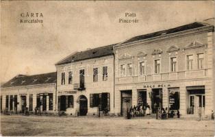 Karcfalva, Csík-Karczfalva, Csíkkarcfalva, Carta; Piata / Piactér, Rácz Béla üzlete, vendéglő. Bara Ágoston kiadása / market square, shops, restaurant (fa)