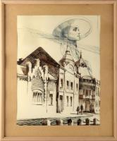 Paulovics László (1937-2024): Angyal a város felett (cím nélkül), 1985. Tus, toll, papír, jelzett. 39x29 cm. Üvegezett fakeretben.