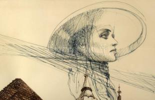 Paulovics László (1937-2024): Angyal a város felett (cím nélkül), 1985. Tus, toll, papír, jelzett. 3...