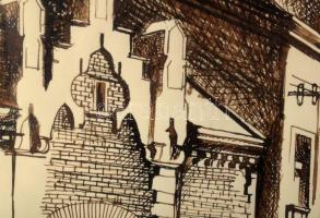 Paulovics László (1937-2024): Angyal a város felett (cím nélkül), 1985. Tus, toll, papír, jelzett. 3...