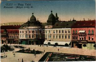 1925 Kolozsvár, Cluj; Mátyás király tér, Haraszthy Jenő üzlete, Erdélyi Bank / Piata Unirii / square, shops, bank (EK)