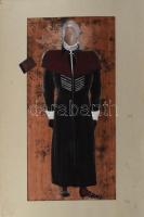 Szűcs Edit (1968): Jelmezterv (felöltő, sál, nadrág). Vegyes technika, kollázs, papír. Jelzés nélkül. Paszpartuban. 41,5x24 cm