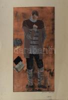 Szűcs Edit (1968): Jelmezterv (John Proctor, Arthur Miller: A salemi boszorkányok c. darabhoz). Vegyes technika, kollázs, papír. Jelzés nélkül. Laza paszpartuban. 42x21 cm