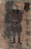 Szűcs Edit (1968): Jelmezterv (Pál Tibor színész). Vegyes technika, kollázs, papír. Jelzés nélkül. Lap szélén paszpartuzás nyomaival. 48x32 cm