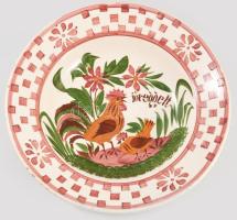 cca 1910 Hollóházi kakasmintás fali dísztál, jelzett, sérüléssel, d: 23 cm