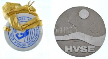 1979. "Nemzetközi SIÓTOUR Kupa Kaposvár - Siófok" egyoldalas kerámia díjérem, hátoldalán "PÉCS 1" jelzéssel, lyukasztva, szalagon + 1984. "HVSE / Nemzetközi Vízilabda Kupa" kétoldalas Al emlékérem, tokban T:AU,XF, karc, a tok szétmálik