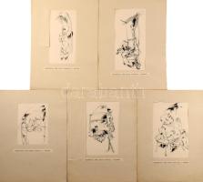 Rau Tibor (1934-2009): 5 db illusztráció Zelk Zoltán Teveháton c. verséhez. Tus, papír, jelzés nélkül. Egyiken apró elszíneződéssel. Paszpartuban (részben kissé szakadt). 15,5x11 és 23,5x11 cm közötti méretekben.