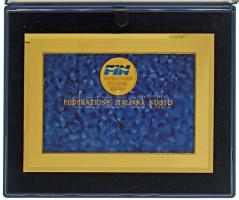 Olaszország DN "Olasz Úszószövetség" egyoldalas, festett, aranyozott, részben műgyantás fém plakett, műanyag alapon, eredeti tokban (plakett: ~130x180mm, alappal: ~170x210mm) T:AU Italy ND "Federazione Italiana Nuoto" one-sided, painted, gilded, partially synthetic resined metal plaque on a plastic base, in original case (plaque: ~130x180mm, with the base: ~170x210mm) C:AU