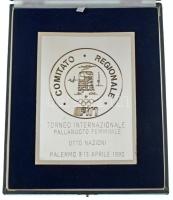 Olaszország 1990. "Olasz Úszószövetség - Szicíliai Regionális Bizottság - Toreno Nemzetközi Női Vízilabda - Nyolc Nemzet - Palermo 1990. április 9-13." egyoldalas fém plakett, műanyag alapon, eredeti tokban (plakett: ~130x180mm, alappal: ~195x245mm) T:AU Italy 1990.  "Federazione Italiana Nuoto - Comitato Regionale sicilia - Toreno Internazionale Pallanuoto Femminile - Otto Nazioni - Palermo 9-13 aprile 1990"  one-sided metal plaque on a plastic base, in original case (plaque: ~130x180mm, with the base: ~195x245mm) C:AU