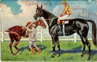 1916 Lóverseny művészlap / Horse racing art postcard, jockey on horseback s: Donadini jr. (kis szakadás / small tear)