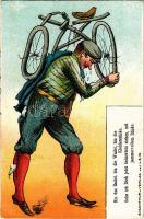 Hin das Radel, hin die Wadel, hin die Kleiderstücke. Sehe ich Dich jetzt heimwärts ziehen, mit jammervollem Blicke. Eigentum u. Verlag von L. S. W. / cyclist after accident, bicycle humour, litho (fa)