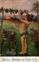 Meine Wäsche im Jahr 1918. Arthur Schürer &amp; Co. Nr. 5967. Mit Genehmigung des Generalkommandos / WWI German military art postcard, humour