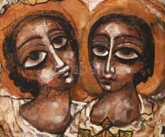 Etióp sziklaikon. Kézzel festett, kő alap, 15x12 cm