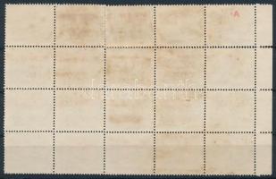 1946 Betűs Any.2./1f ívszéli 20-as tömb, 2 bélyegen a felülnyomat "A" betűjének részleges gépszínátnyomatával