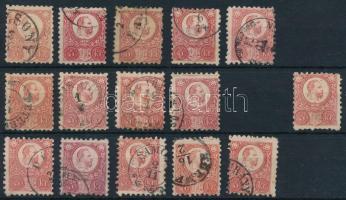 1871 5kr 15 db bélyeg színváltozatokkal, köztük szép bélyegzések is