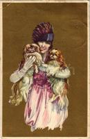 1922 Italian art postcard, lady with dogs. Proprieta Artistica riservata 5-2. (EK)