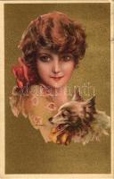 1922 Italian art postcard, lady with dog. Anna &amp; Gasparini 124-2. (EK)