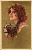 1922 Italian art postcard, lady with dog. Anna &amp; Gasparini 124-3. (EK)