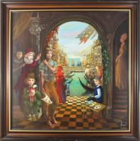 Herpai Zoltán (1951-2011): Mediterrán tér. Olaj, farost, jelezve jobbra lent, hátoldalán Budapesti Képzőművészeti Kft. címkéjével. Dekoratív fakeretben, 70×70 cm