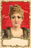 Lady art postcard. Art Nouveau frame, litho (EK)