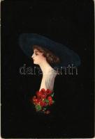 Lady art postcard with roses