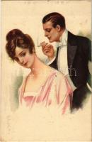 1922 Italian art postcard with love couple, smoking. Uff. Rev. Stampa Milano 910-2. s: Colombo (fl)