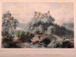 [Látkép] Huszti vár. Schlossruine Huszt. Ludwig Rohbock (1824-1893) német grafikusművész részletgazdag acélmetszete a "Magyarország és Erdély eredeti képekben" című illusztrált topográfiai műből. Darmstadt, (1860). Druck und Verlag von G. G. Lange. Acélmetszet, mérete: 115x155 mm, lemezméret: 130x170 mm, lapméret: 155x235 mm. Ludwig Rohbock (1824-1893) nürnbergi grafikusművész, tájképfestő. Európa számos országát bejárta, a Duna vidékét először 1855-ben kereste fel, 1856-1863 között utazta be hazánkat, számos vázlatot készítve. Rohbock romantikus látképei kissé idealizálják a valóságot, ám meglepő pontossággal örökítik meg Magyarország és Erdély kiemelt fontosságú épületeit, utca- és városképeit, várromjait és várait, kastélyait, fürdőit és hegycsúcsait, templomait és kolostorait. A német festő kiemelt figyelmet szentelt a bemutatott vidék néprajzi karakterének, a látképek előterében a korabeli városi és népi viseletek eredeti környezetükben tűnnek fel, az előtér emberi jelenetei egyben megörökítik a századközép szokás- és viselkedésrendjét is. Látképünkön Máramaros egykori erőssége, a középkori Magyarország egyik legjelentősebb erődítménye, Huszt vára, erősen romos állapotban, előterében ruszin népviseletbe öltözött, ülve merengő, kutyája kíséretében ábrázolt pásztor figura. A romvár mögött a Kárpátok hegykoszorúja és folyója tűnik fel. Látképünk középpontjában az erdélyi fejedelmek egykori erőssége, melyet törökök, tatárok, lengyelek és császári seregek egyaránt ostromolták, a vár csupán a Rákóczi-szabadságharc végén, utolsóként került császári kézre. Jóllehet már ekkor is elhatározták lerombolását, a vár végül nem emberi akarat, hanem villámcsapás áldozatául esett, a villámcsapás utáni tűzvész elérte a lőporraktárat, az ekkor támadt robbanás gondoskodott a vár képünkön is látható és azóta is fennálló állapotáról. Paszpartuban