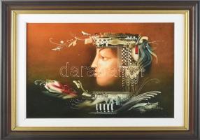 Árkossy István (1943-): Leányarc. Olaj, farost, jelezve jobbra lent, hátoldalán Budapesti Képzőművészeti Kft. címkéjével. Dekoratív fakeretben, 30×40 cm.