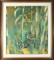 Szabados János (1937-): Séta az erdőben. Olaj, vászon, jelezve jobbra lent, hátoldalán Budapesti Képzőművészeti Kft. címkéjével. Dekoratív fakeretben, 69×60 cm.