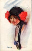 1922 "Danger" Lady art postcard. The Carlton Publishing Co. London E.C. Series No. 659. s: C. W. Barber (fa)